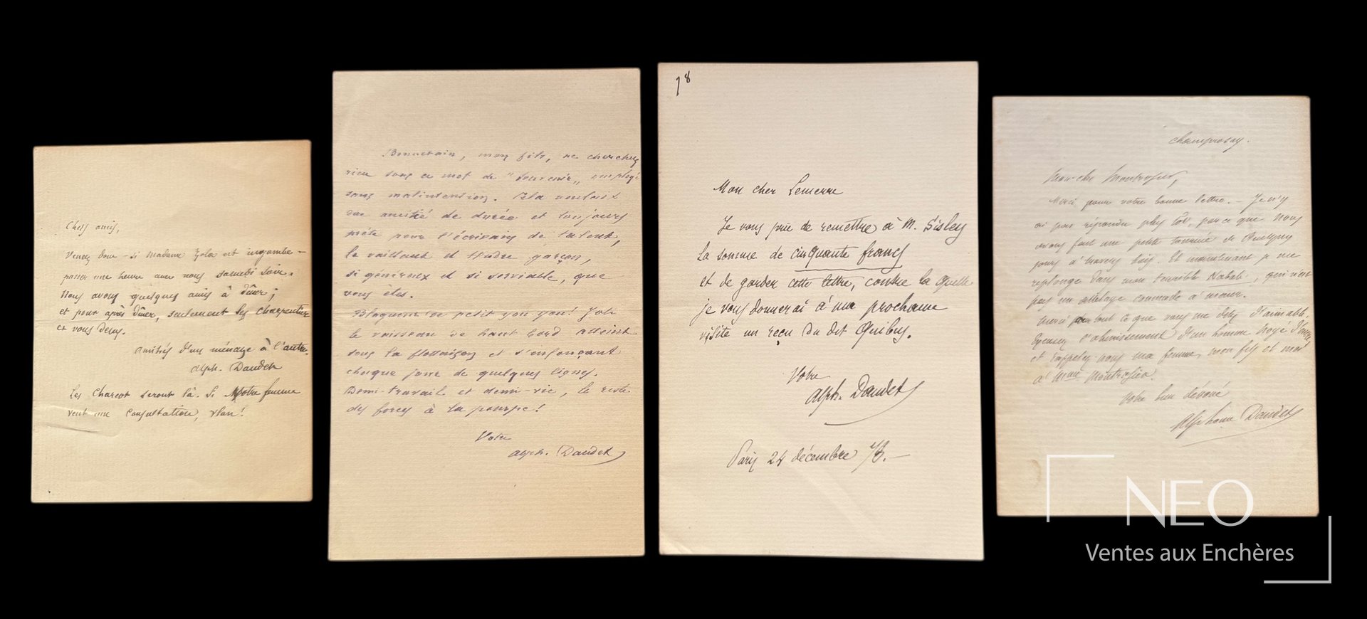 Quatre lettres autographes signées d’Alphonse Daudet présentées de face