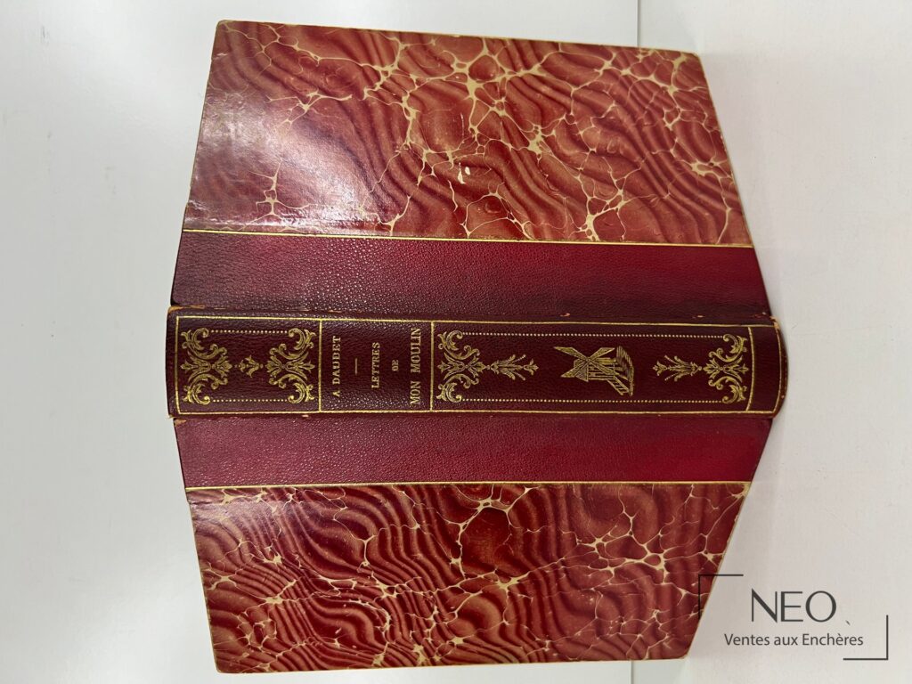 Dos et plat d'un livre relié en maroquin marbré rouge et bordeaux