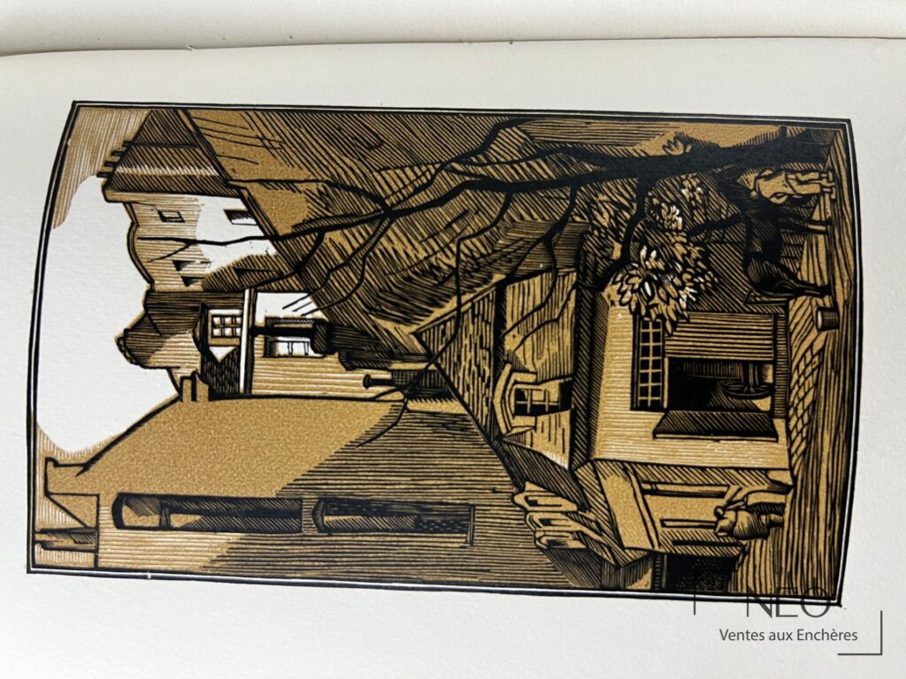 Page illustrée en noir et or montrant des maisons et une rue sous de larges ombres