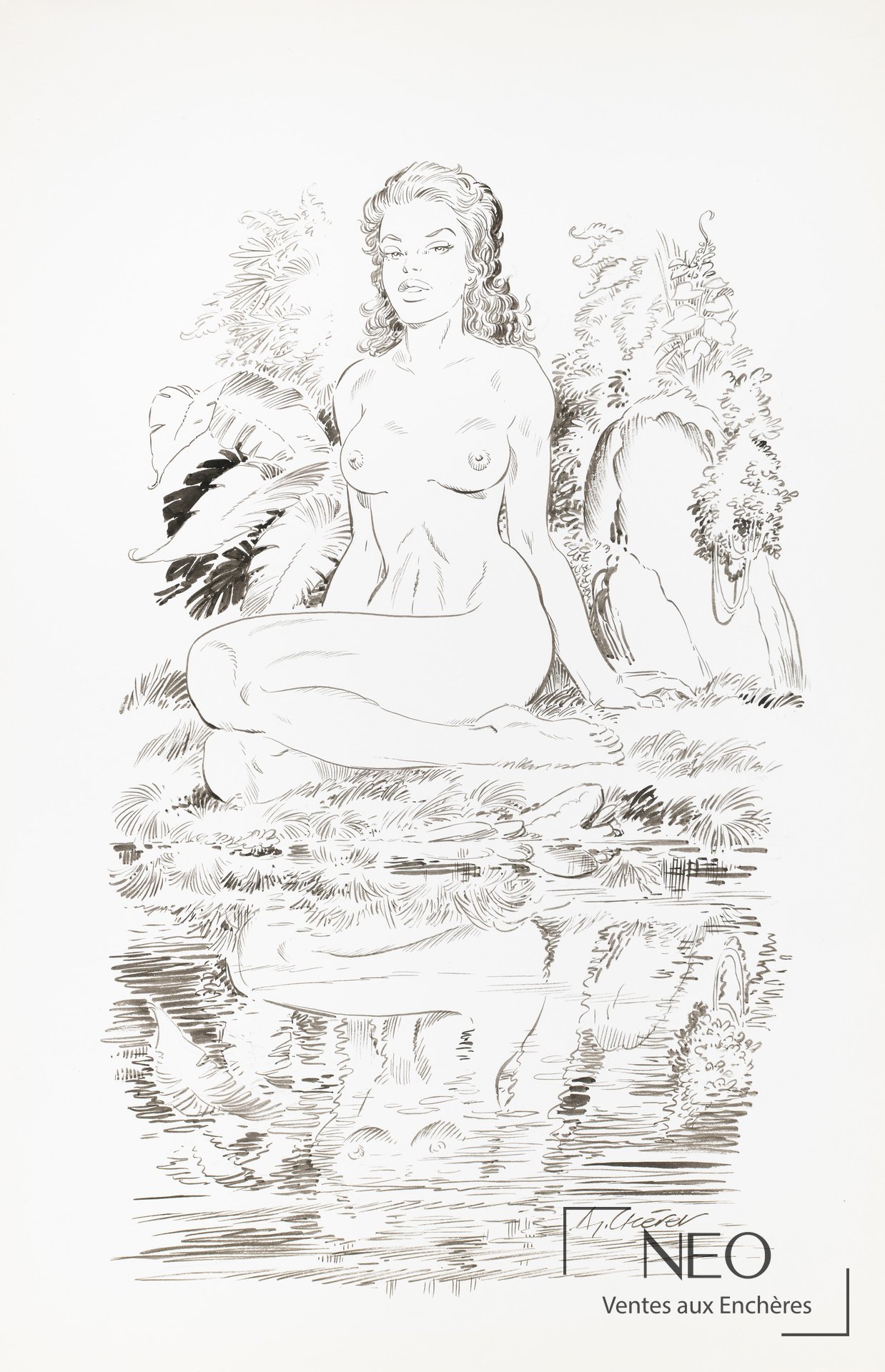 Illustration à l’encre de Chine d’une jeune femme nue