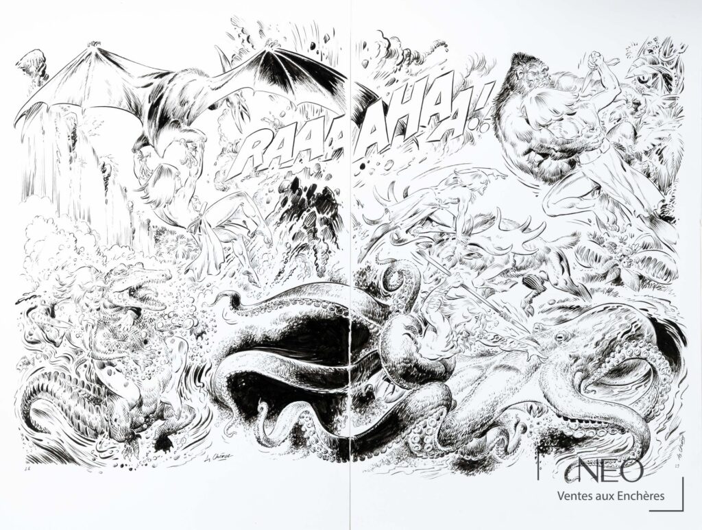 Double page de bande dessinée en noir et blanc avec Rahan et un grand décor d’action