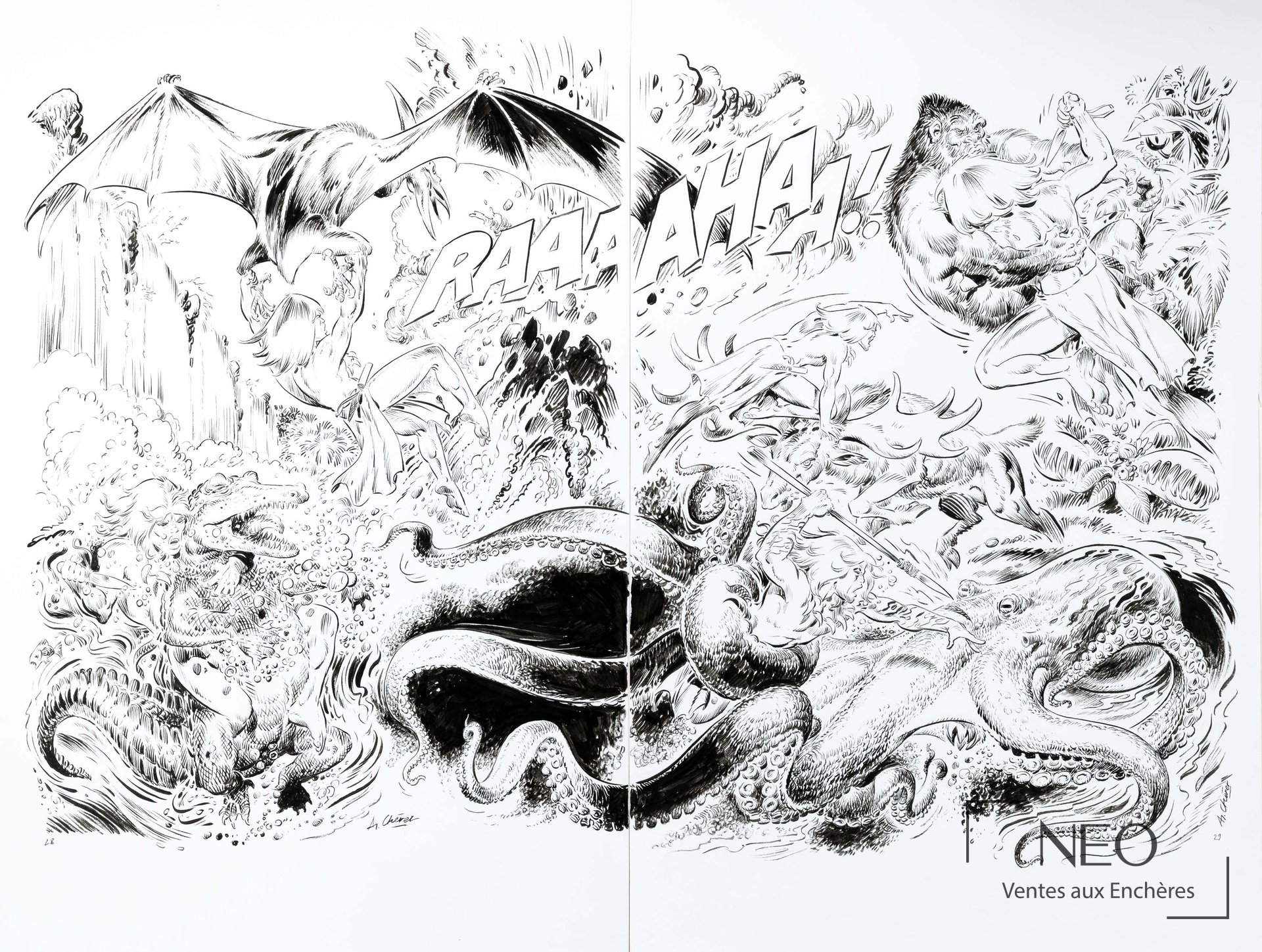 Double page de bande dessinée en noir et blanc avec Rahan et un grand décor d’action