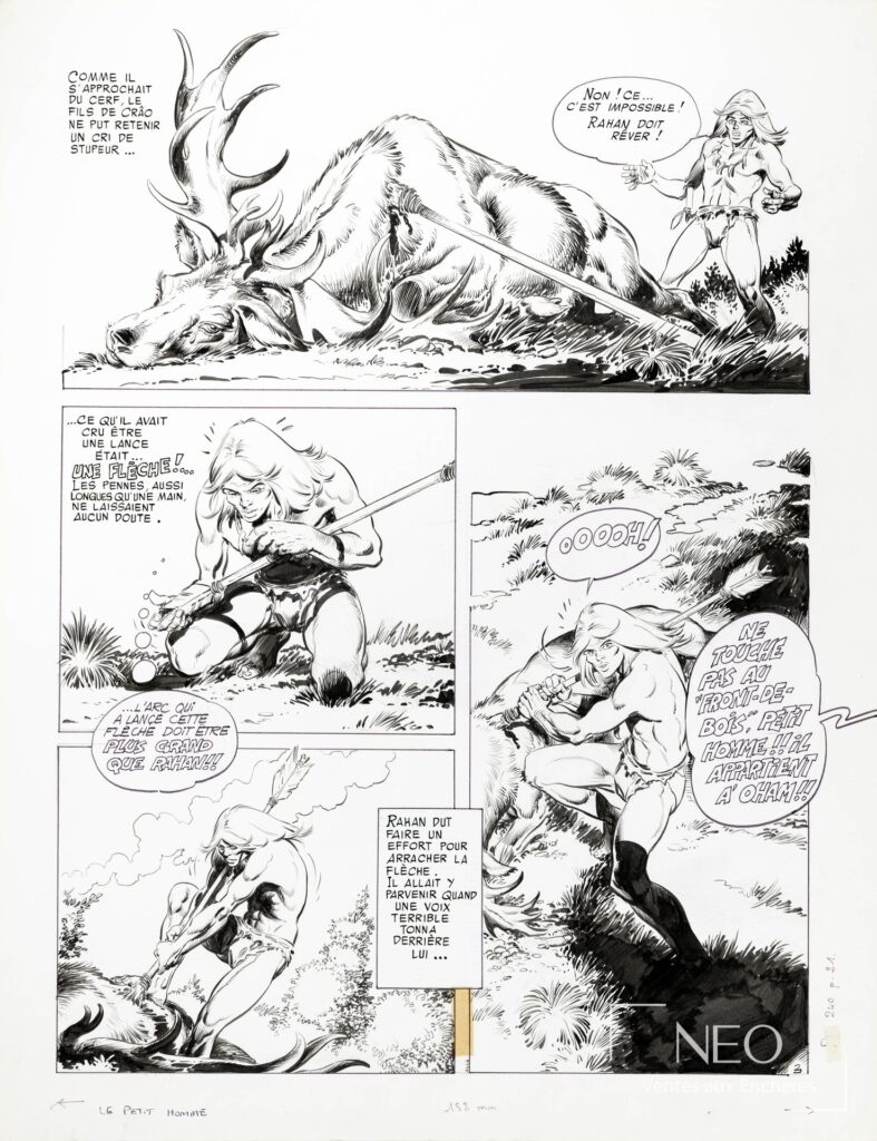 Planche originale de bande dessinée Rahan en noir et blanc avec plusieurs cases et dialogues