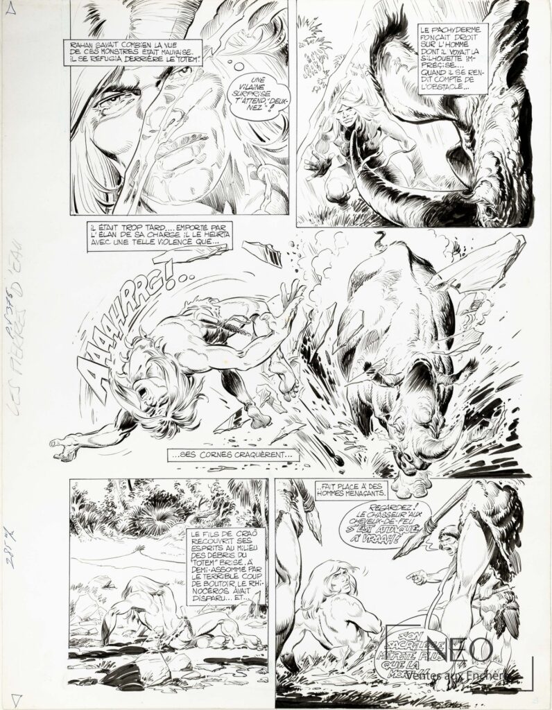 Planche originale de bande dessinée Rahan en noir et blanc avec plusieurs cases et phylactères