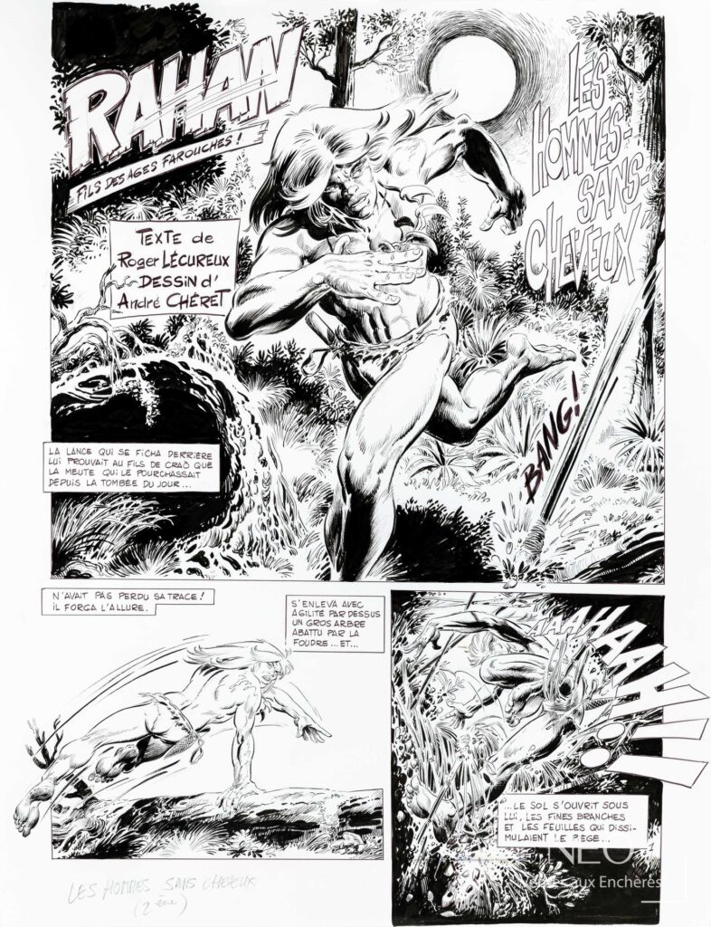 Planche originale de Rahan avec titre et scènes en noir et blanc