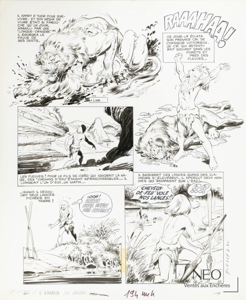 Planche originale de bande dessinée Rahan avec plusieurs scènes au trait noir et lettrage visible.