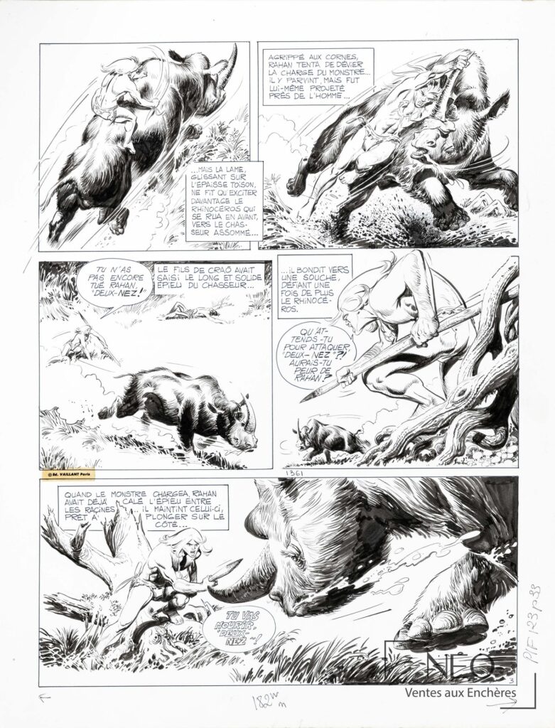 Planche originale de Rahan montrant plusieurs cases en noir et blanc avec le héros face à un rhinocéros.