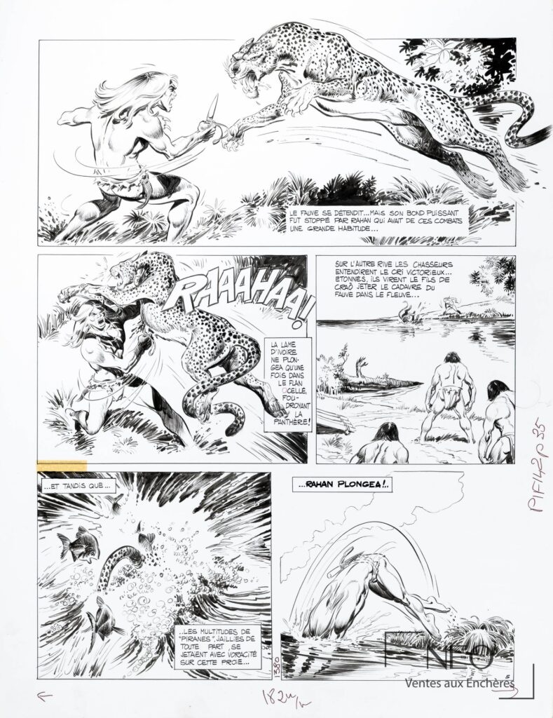 Planche de bande dessinée Rahan montrant un combat avec un fauve et plusieurs vignettes d'action