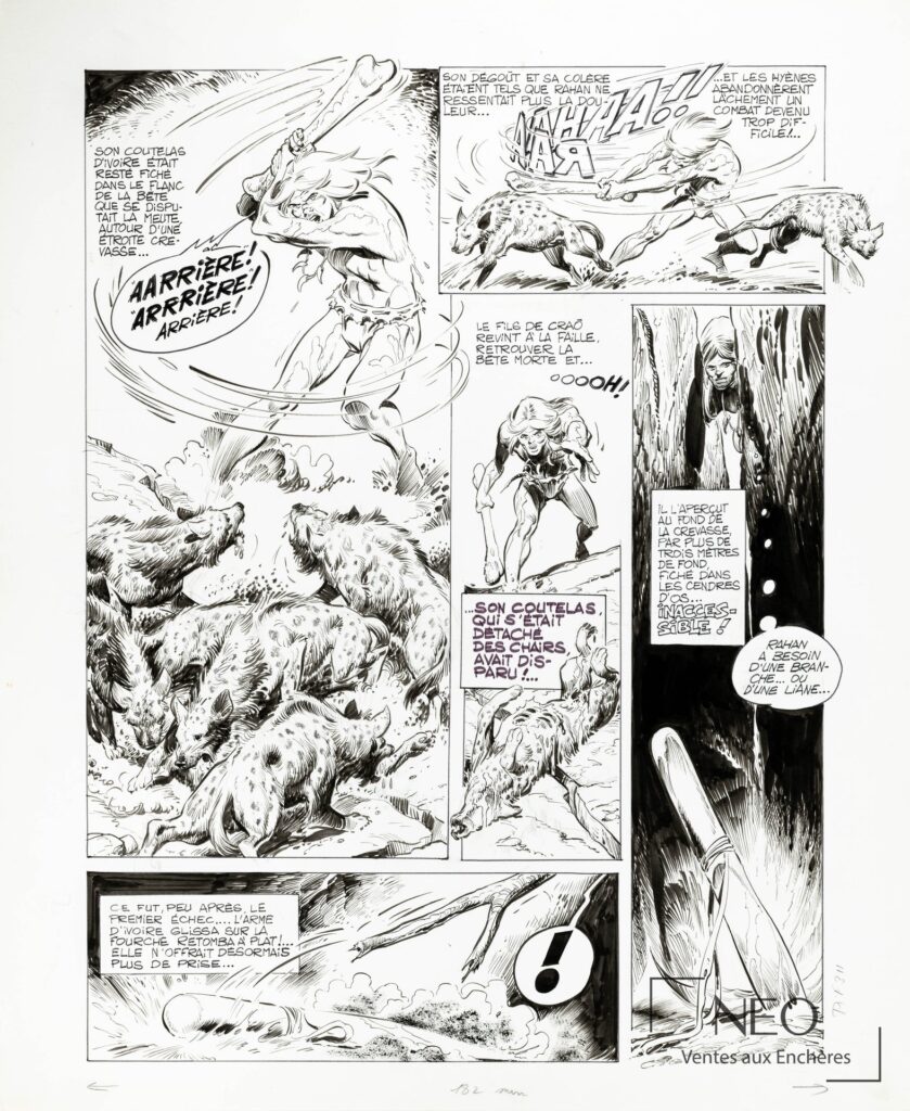 Planche originale de bande dessinée en noir et blanc représentant Rahan face à des hyènes