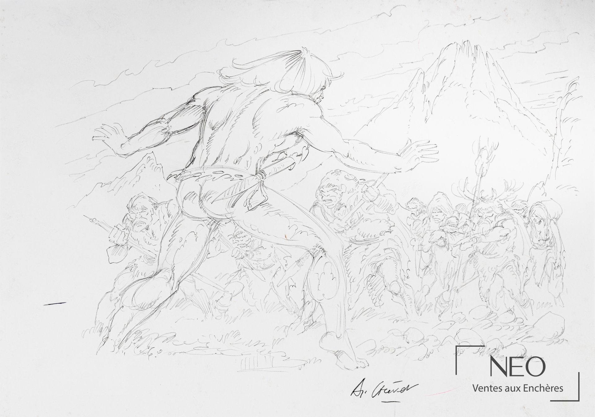 Dessin au mine de plomb représentant Rahan de dos face à une horde