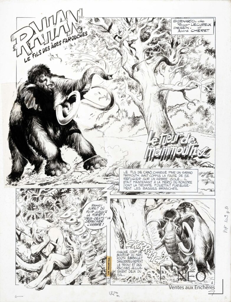 Planche originale de Rahan avec scène de mammouth et cartouches de titre