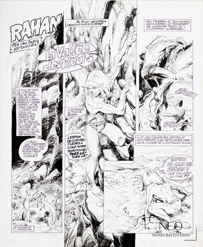 Planche titre de Rahan avec grand lettrage et scène de bande dessinée en noir et blanc