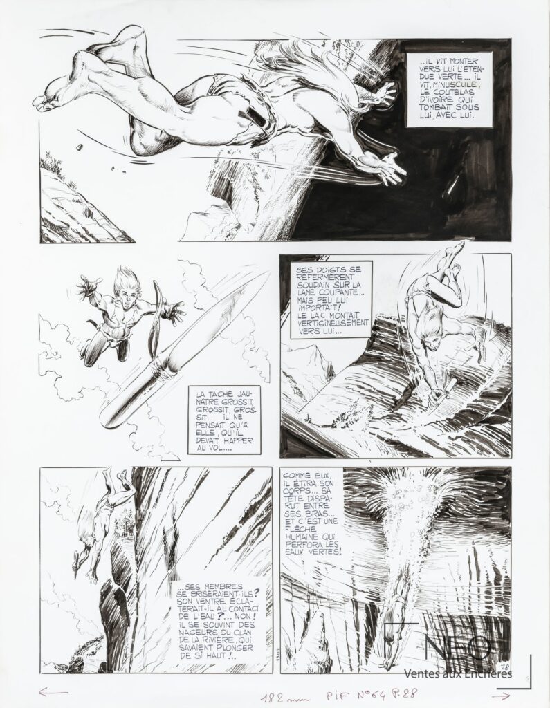 Planche originale de bande dessinée Rahan en noir et blanc avec plusieurs vignettes et textes