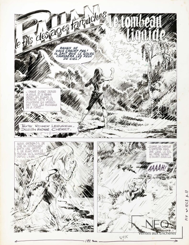 Planche de titre en noir et blanc de Rahan avec grand lettrage et scènes de bande dessinée