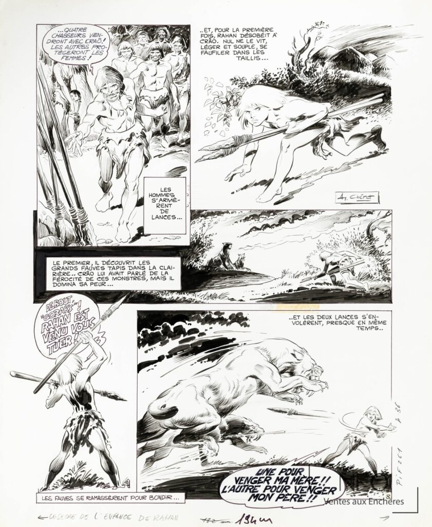 Planche originale de bande dessinée en noir et blanc avec plusieurs vignettes de Rahan