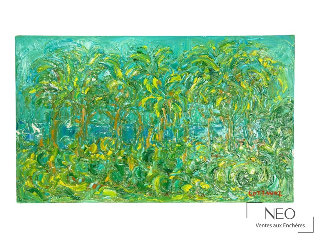 Huile sur toile abstraite aux tons verts et jaunes