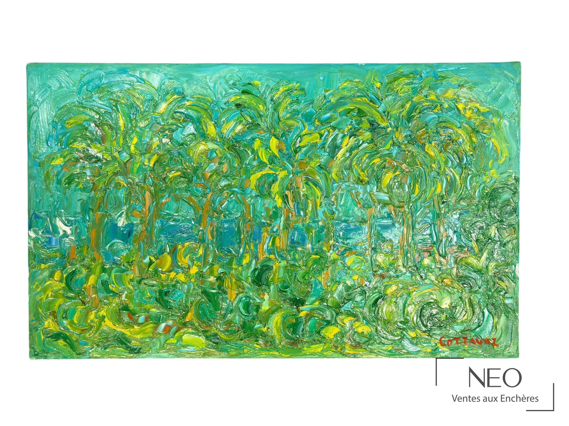 Huile sur toile abstraite aux tons verts et jaunes