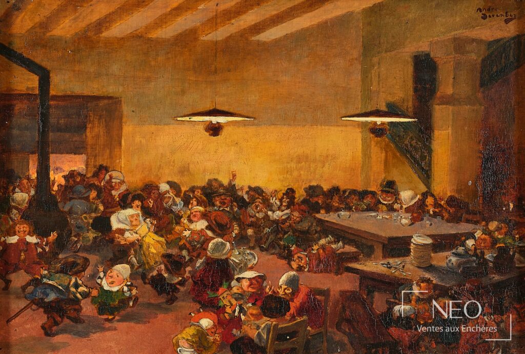 Scène de taverne animée peinte sur panneau de bois par André Devambez.