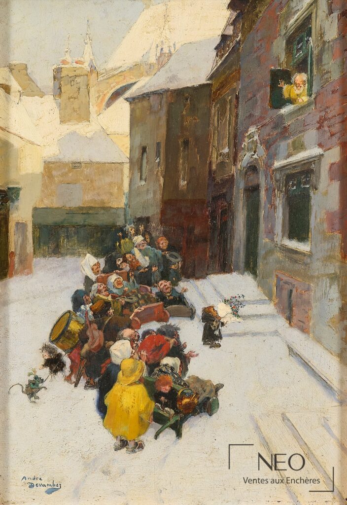Scène enneigée avec musiciens mendiants dans une rue