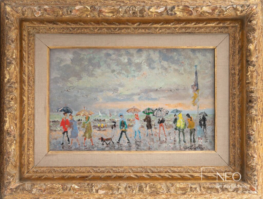 Huile sur toile d’André Hambourg représentant une scène de plage sous des parapluies