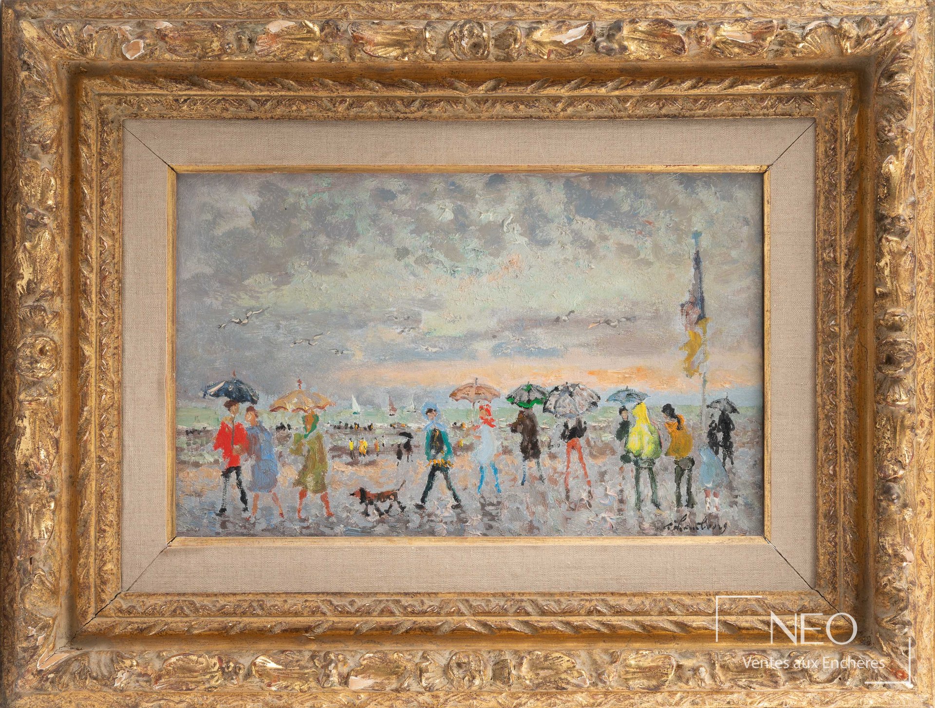 Huile sur toile d’André Hambourg représentant une scène de plage sous des parapluies