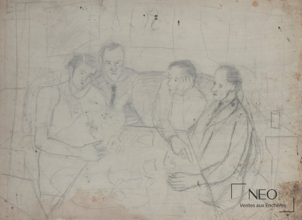 Dessin au fusain et au crayon représentant quatre personnages attablés