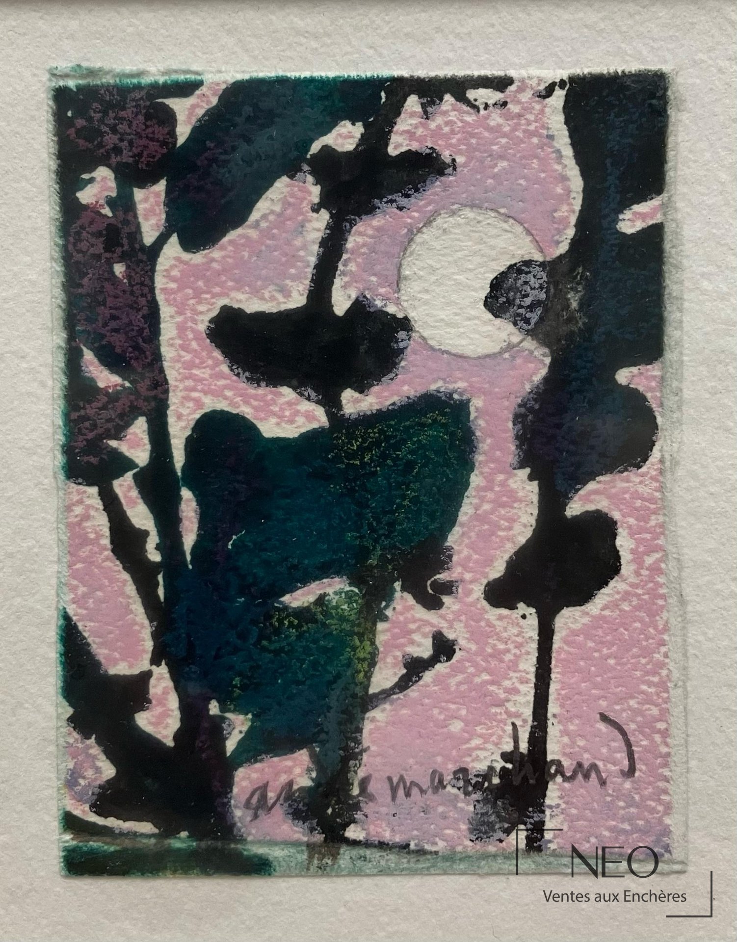 Signature d’André Marchand au bas d’un petit paysage abstrait sur papier