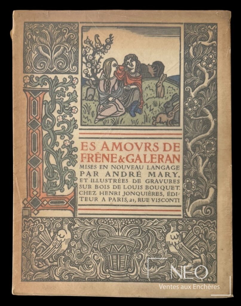 Couverture du livre Les Amours de Frêne et Galeran avec décor gravé et frontispice coloré