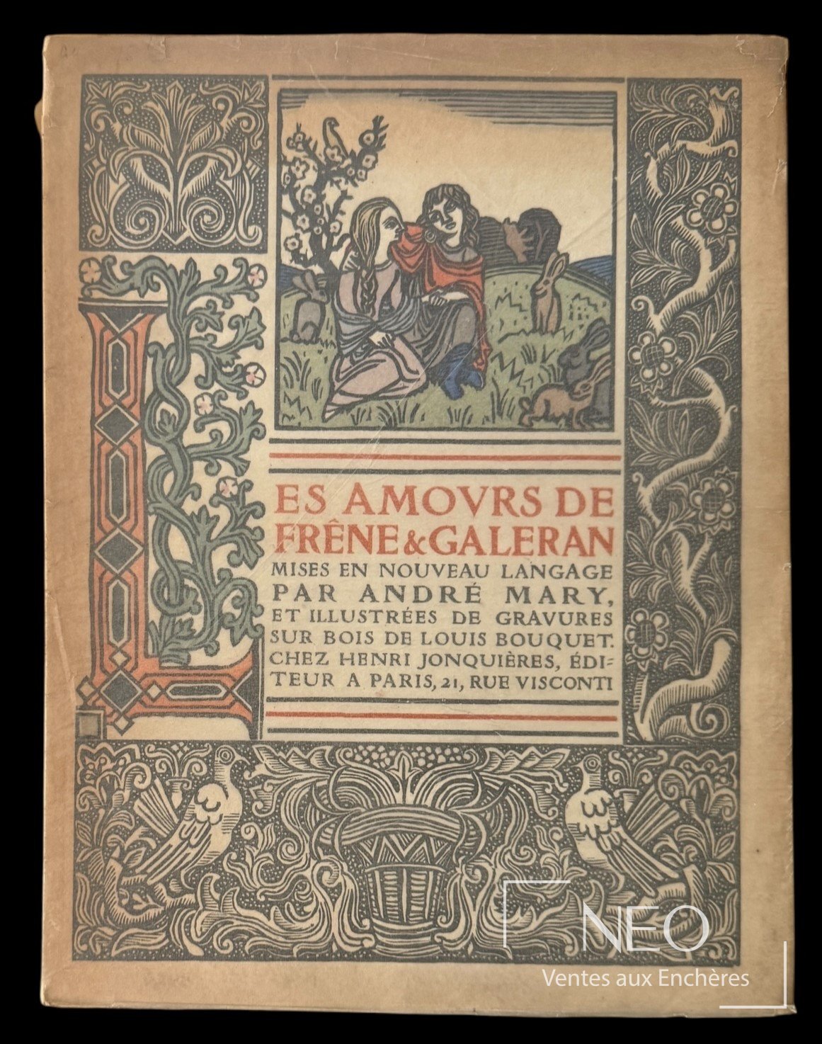 Couverture du livre Les Amours de Frêne et Galeran avec décor gravé et frontispice coloré