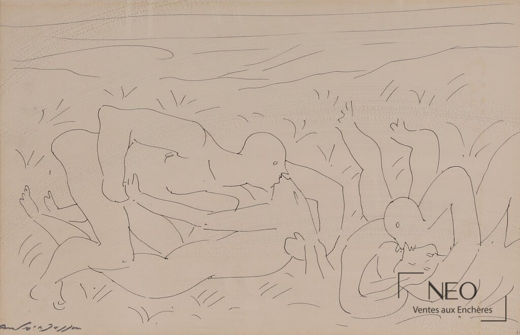 Dessin à l’encre d’André Masson montrant plusieurs figures allongées