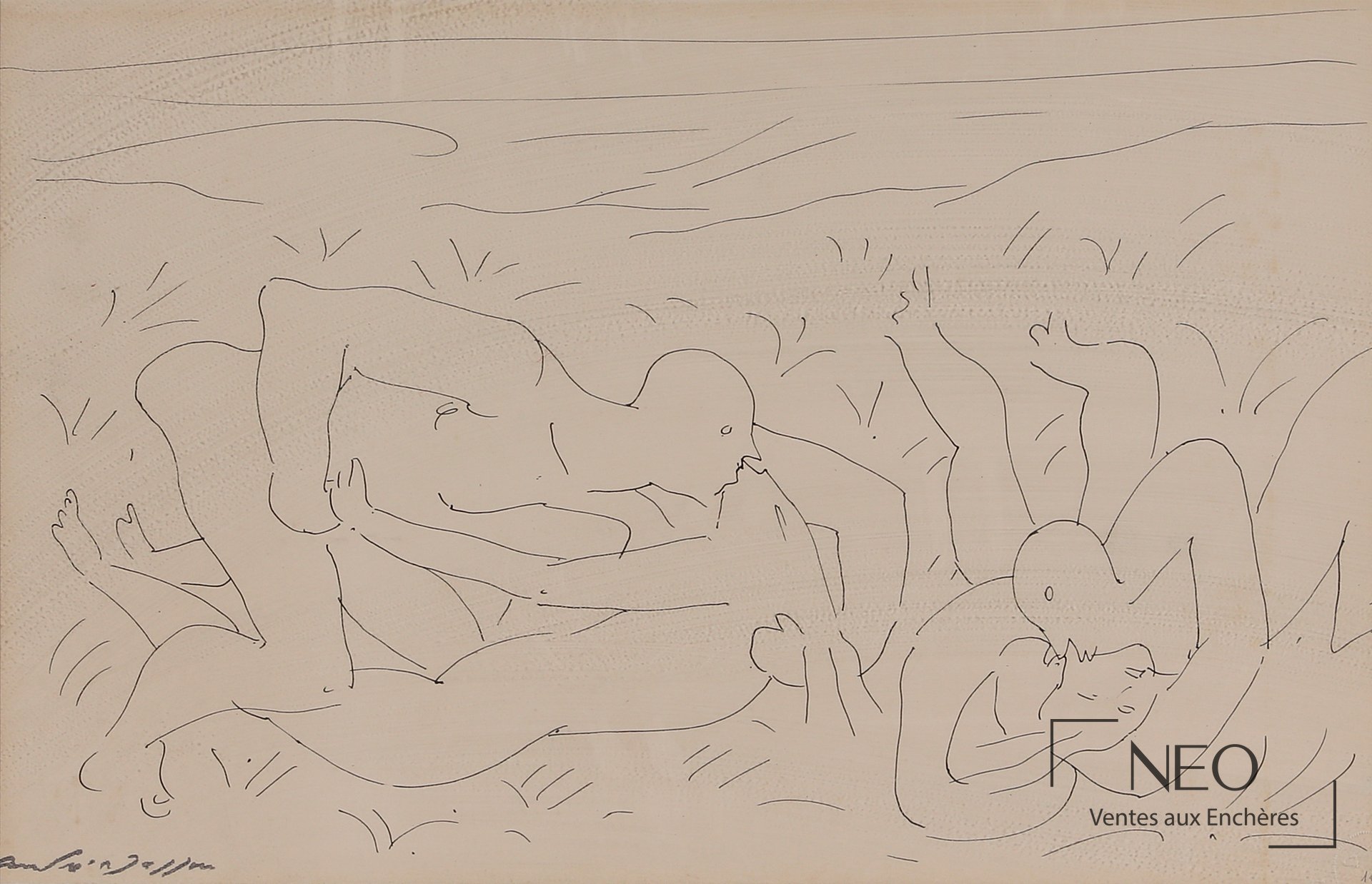 Dessin à l’encre d’André Masson montrant plusieurs figures allongées