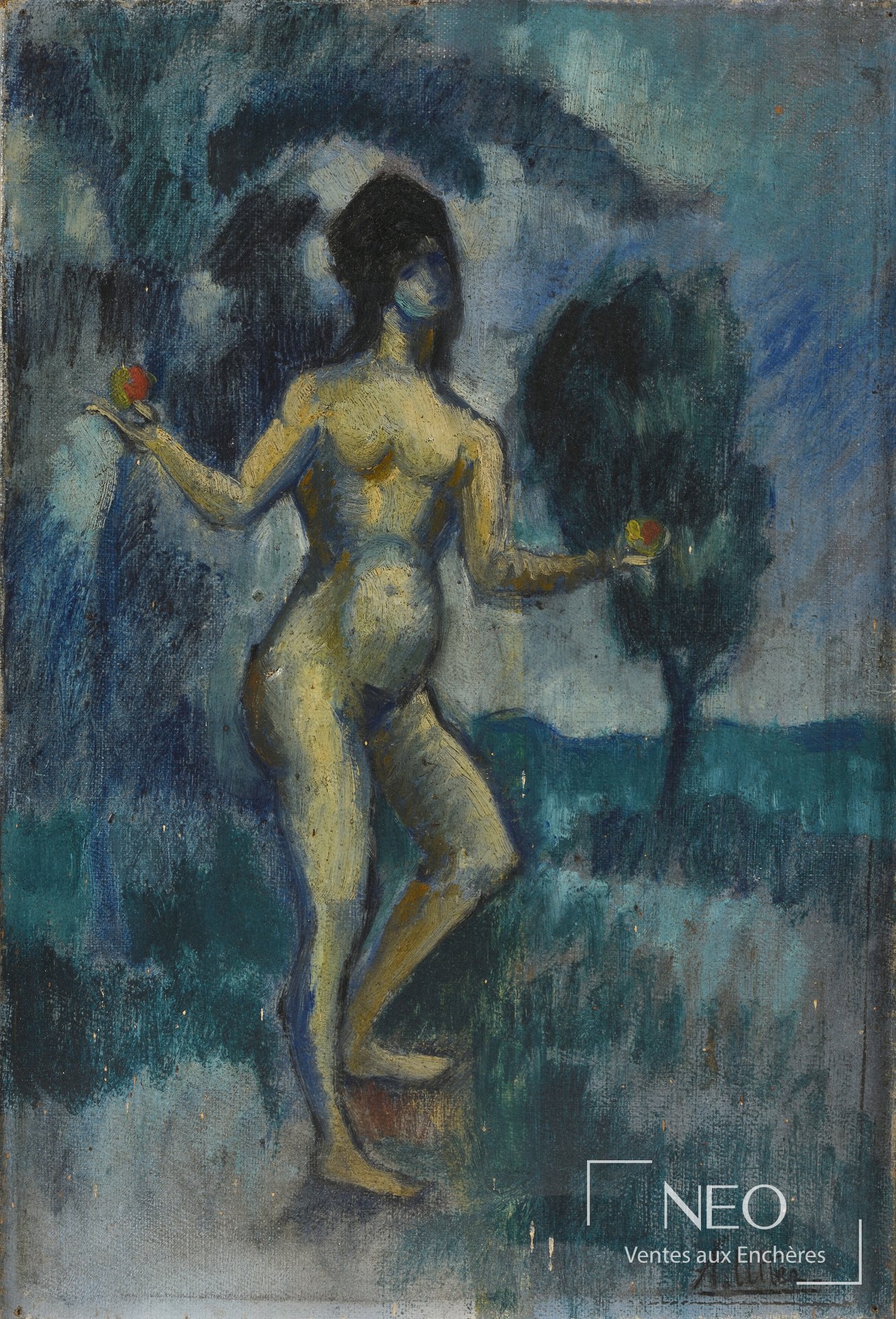 Nu féminin peint dans un paysage aux tons bleus et verts