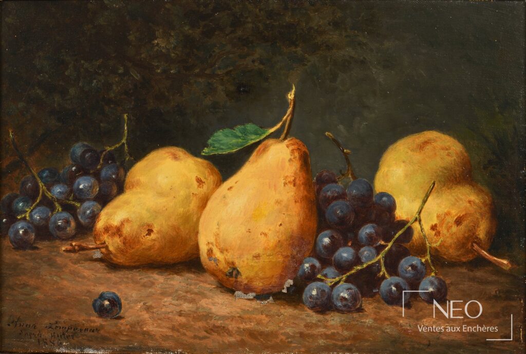 Nature morte aux poires et aux raisins peinte à l'huile sur toile