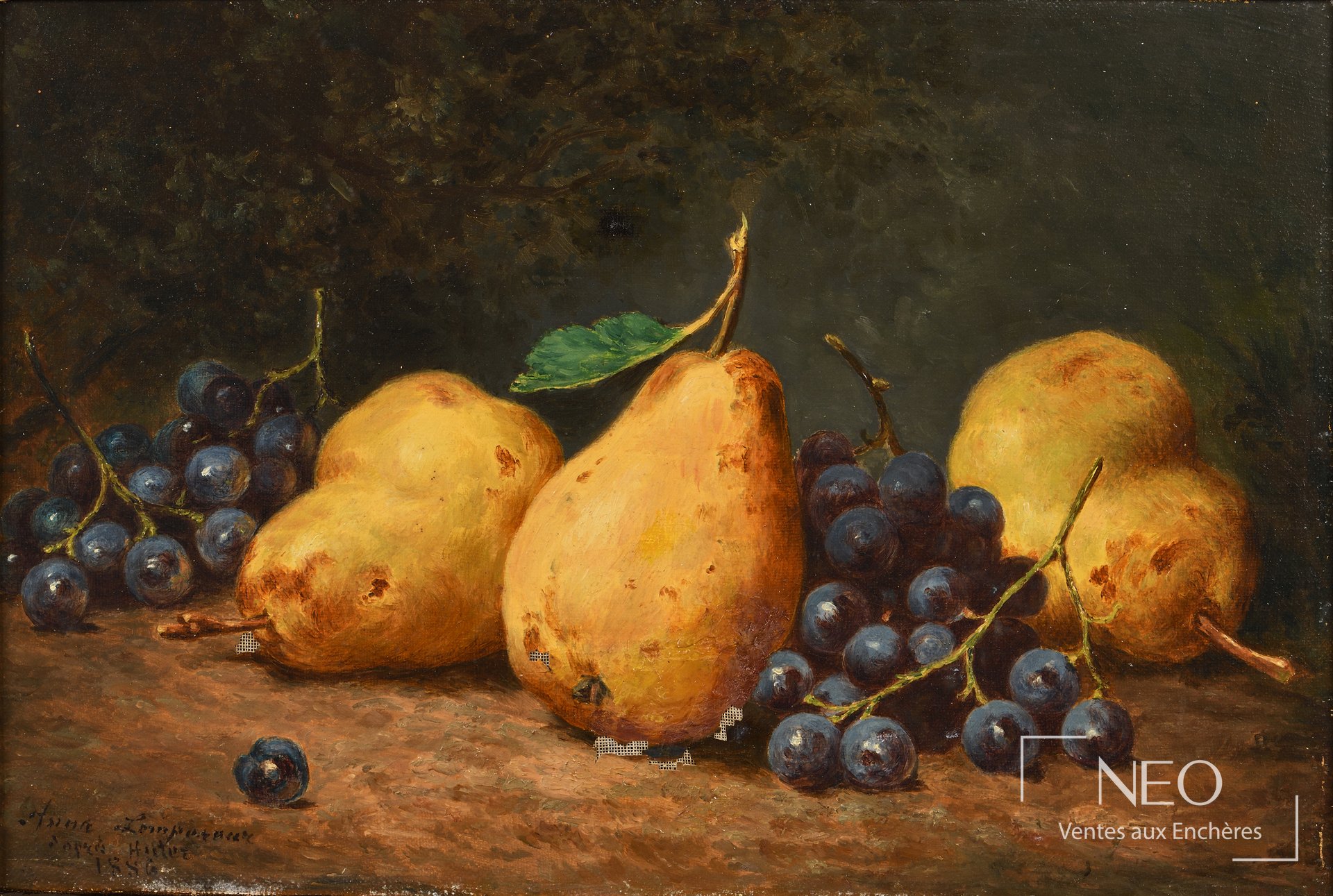 Nature morte aux poires et aux raisins peinte à l'huile sur toile