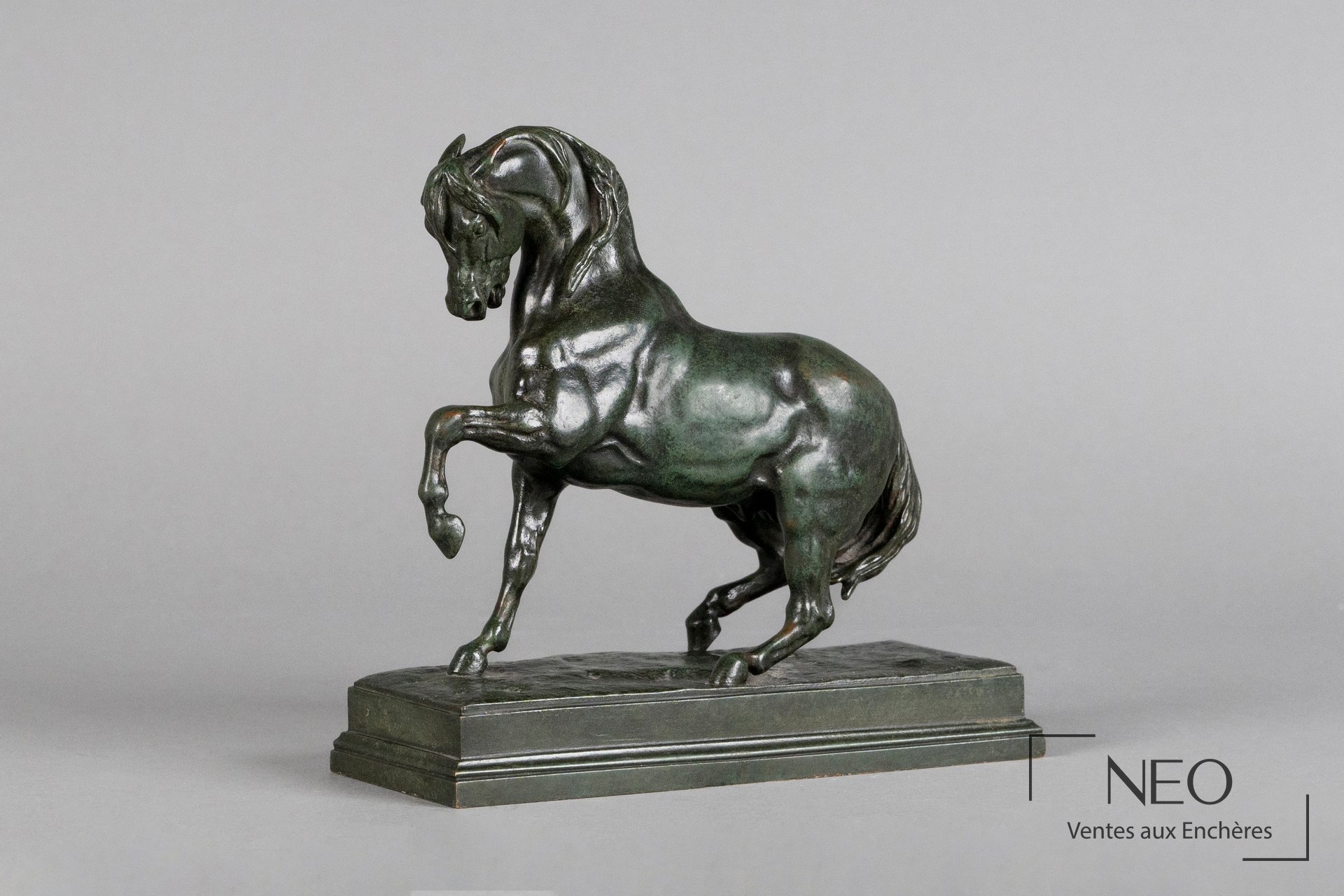 Bronze d'un cheval cabré à patine verte sur terrasse rectangulaire