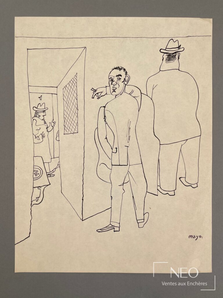 Dessin à l’encre sur papier représentant une scène de figures devant des urinoirs