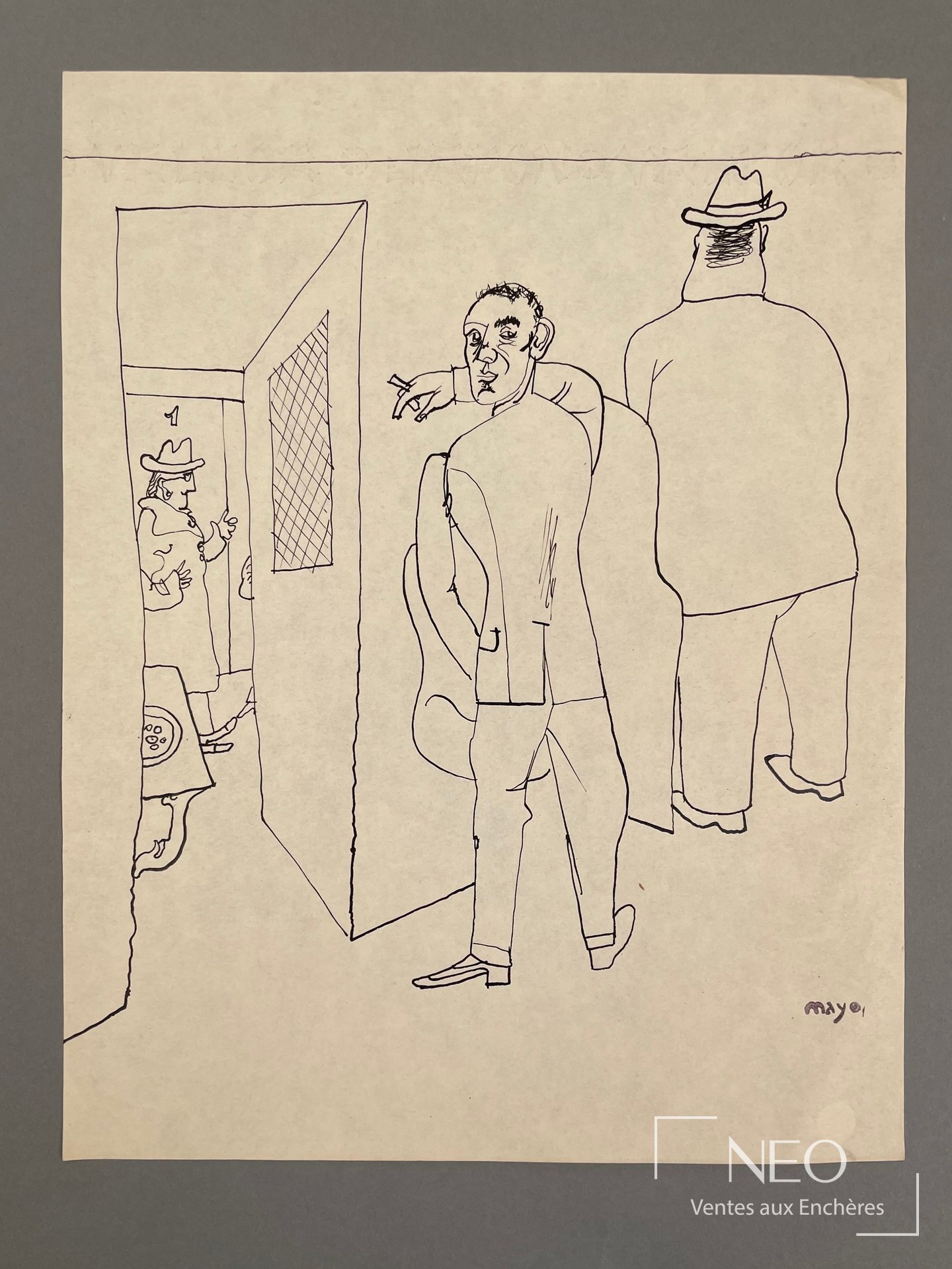 Dessin à l’encre sur papier représentant une scène de figures devant des urinoirs