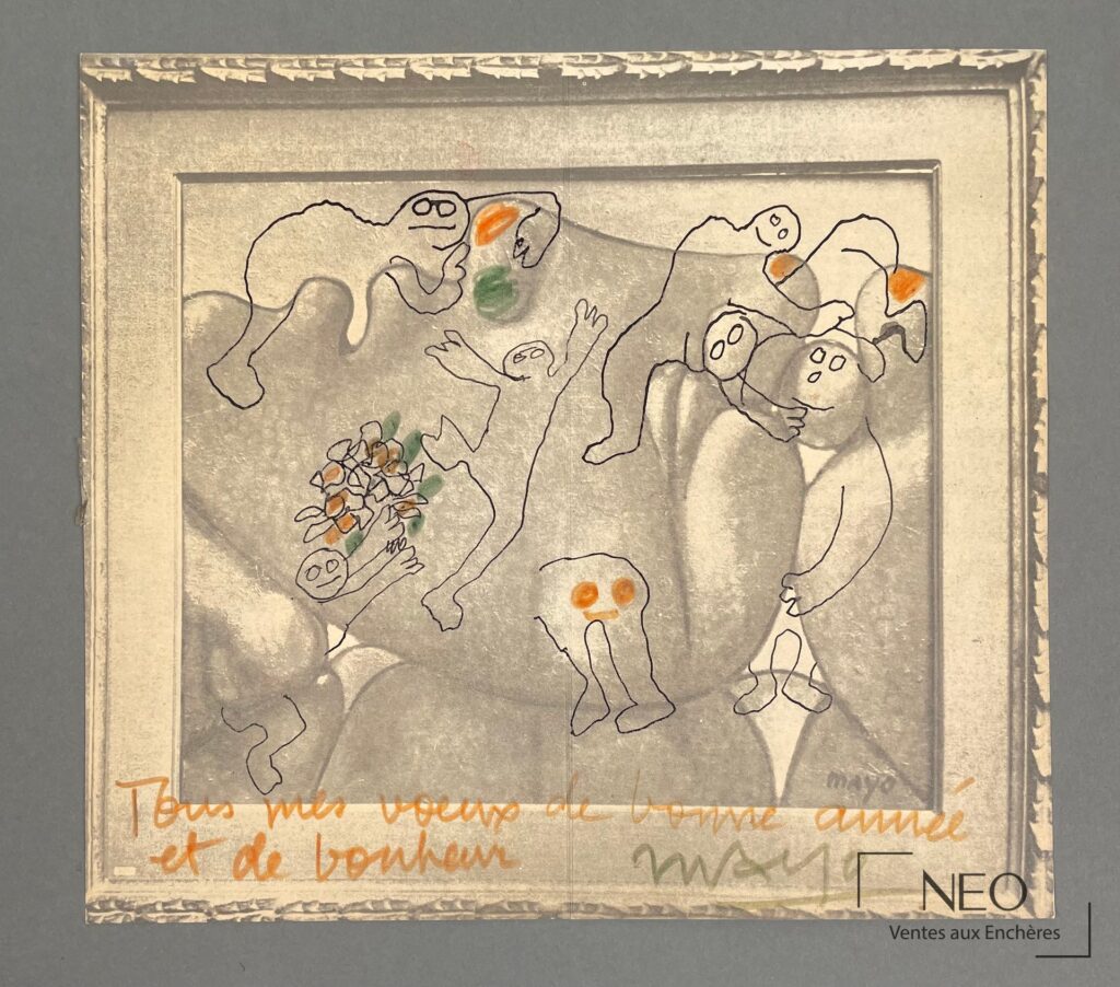 Carte de voeux de Mayo avec figures tracées et rehauts colorés sur fond argenté