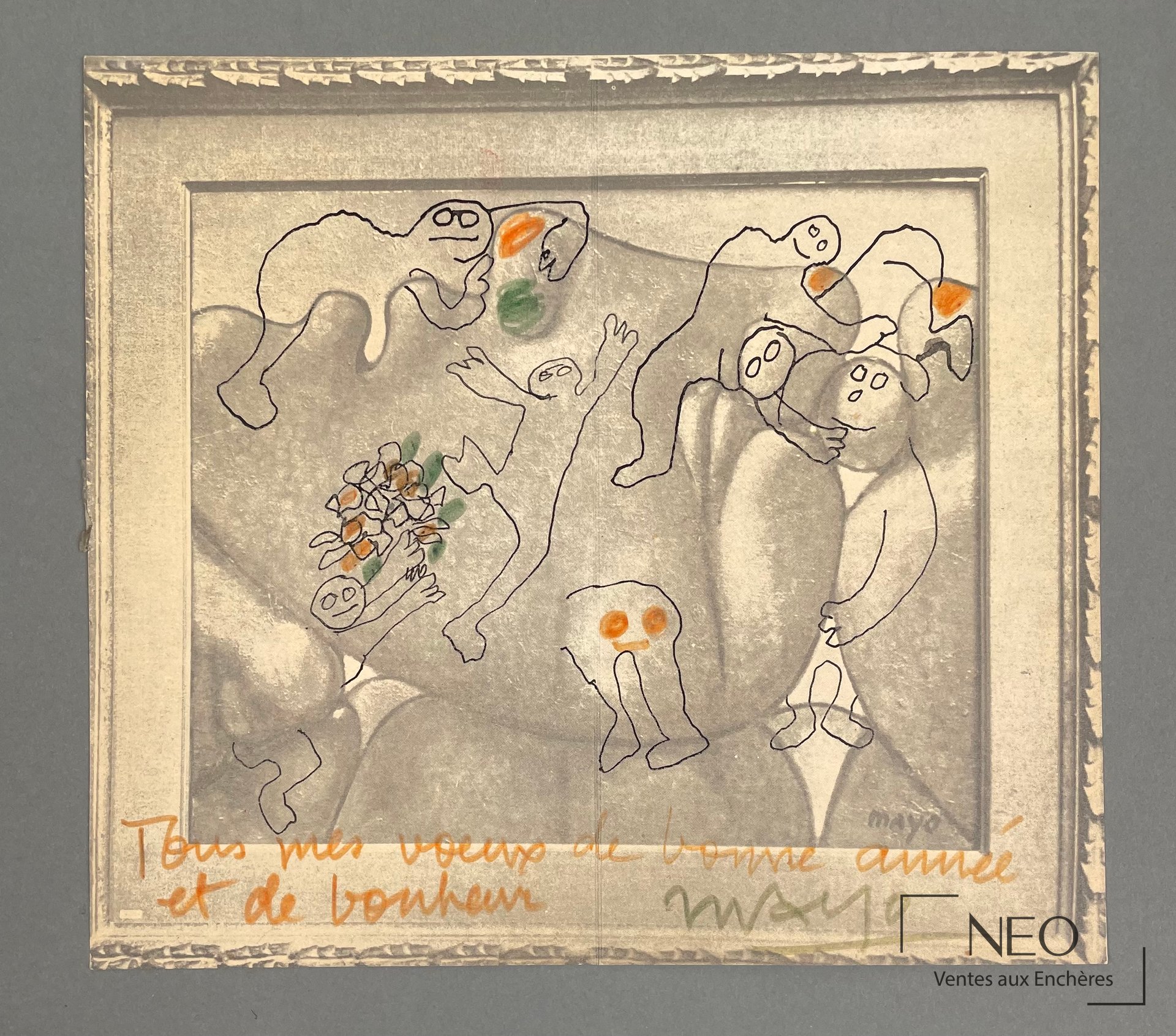 Carte de voeux de Mayo avec figures tracées et rehauts colorés sur fond argenté