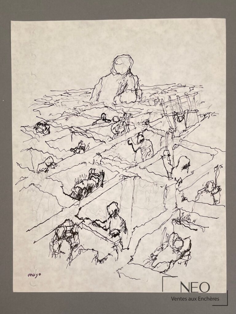 Dessin à l'encre sur papier représentant une composition surréaliste signée Mayo en bas à gauche