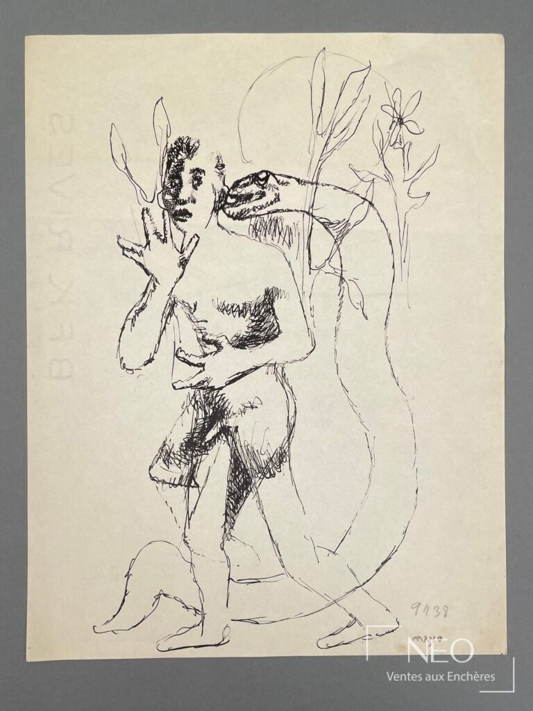 Dessin à l’encre sur papier représentant une figure féminine et un serpent