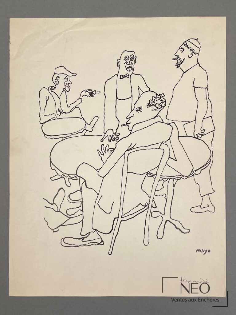 Dessin à l'encre sur papier représentant quatre hommes autour d'une table