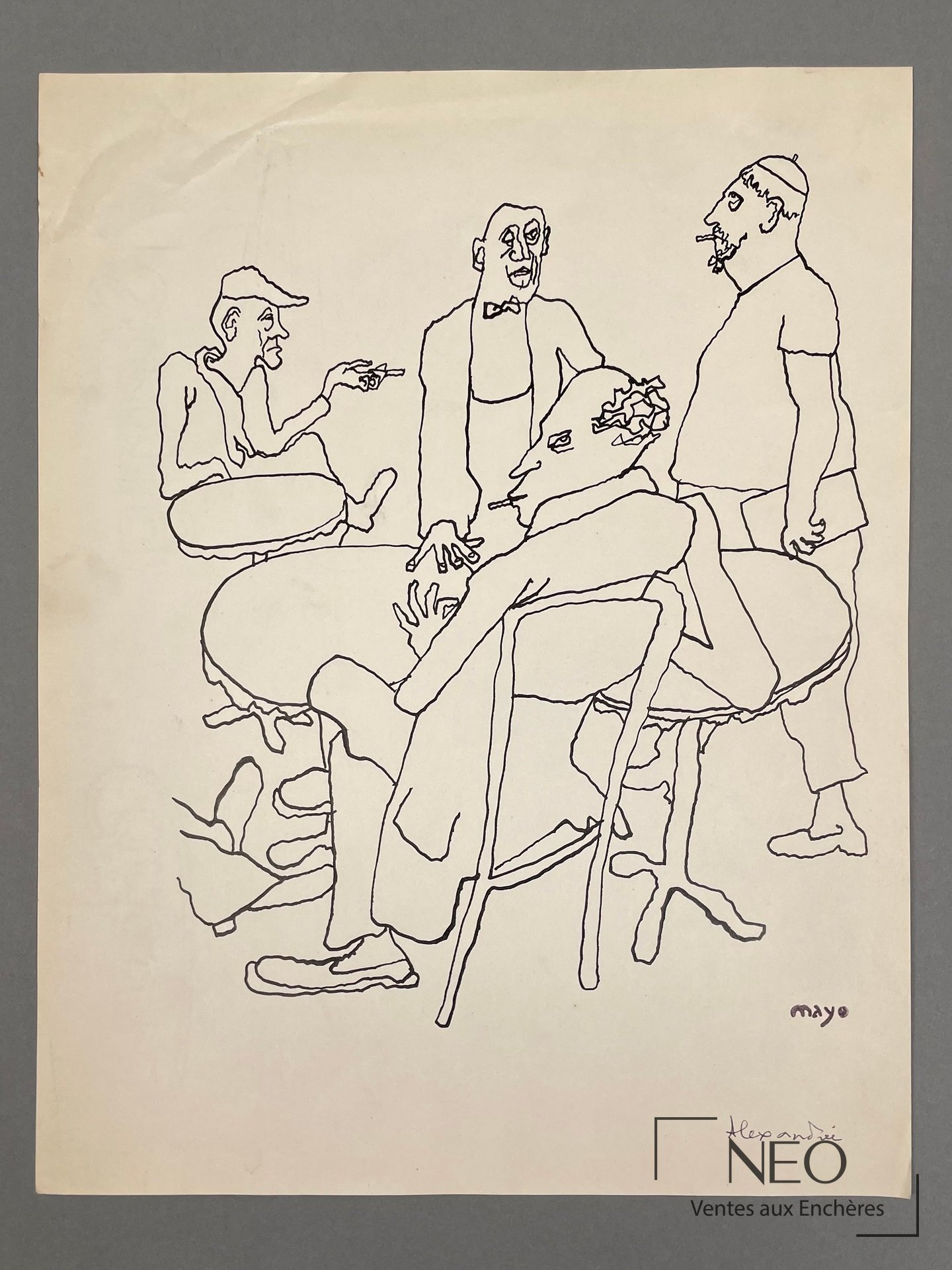 Dessin à l'encre sur papier représentant quatre hommes autour d'une table