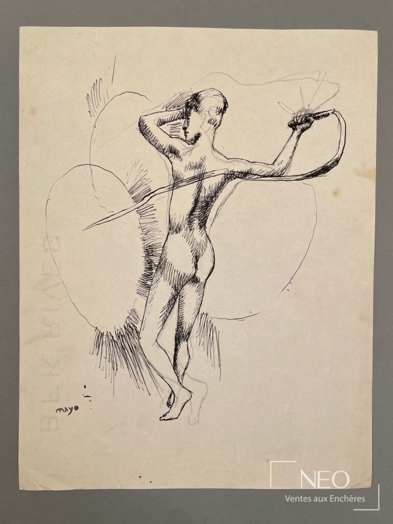 Dessin à l’encre sur papier représentant un dompteur nu