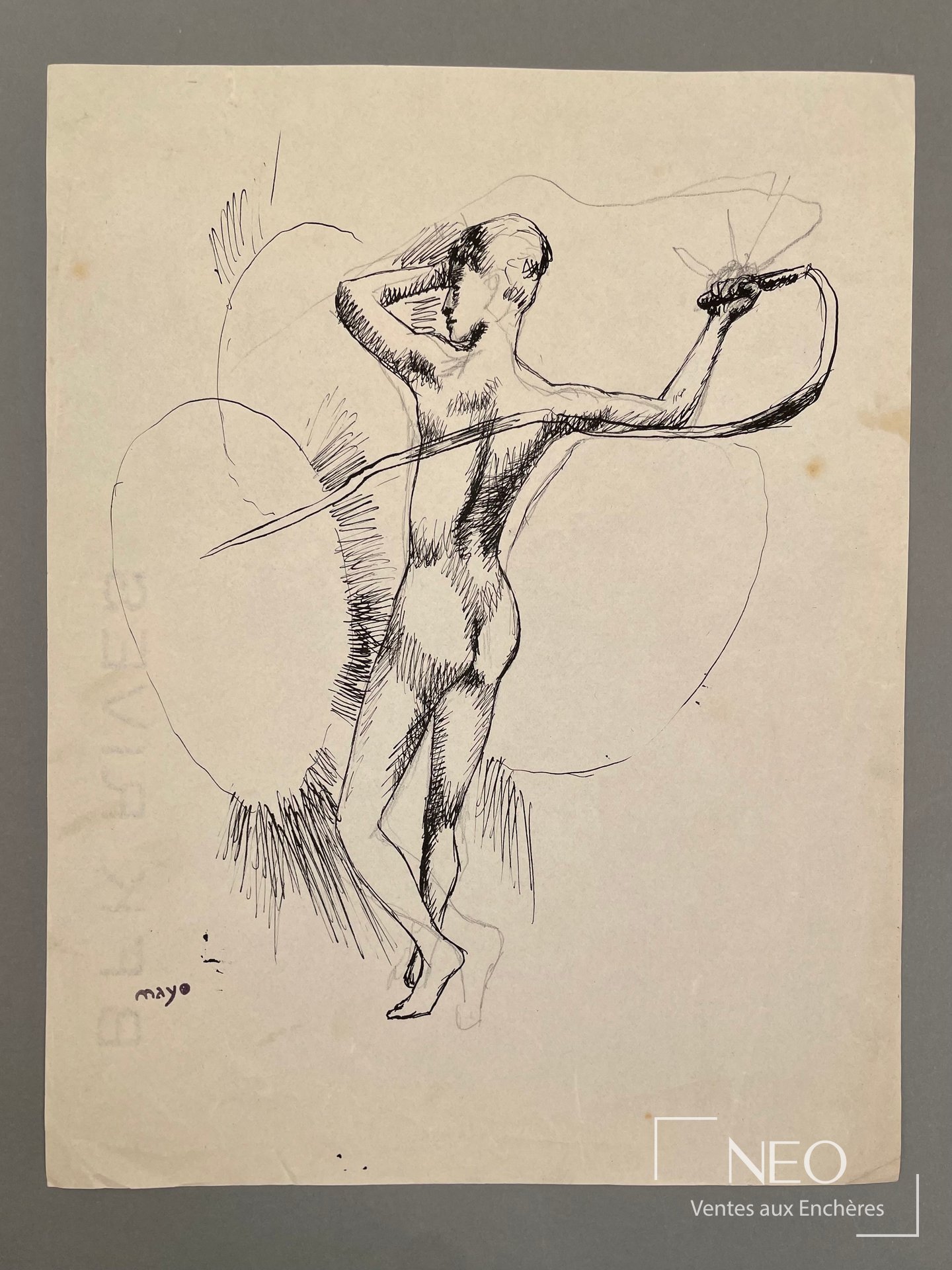 Dessin à l’encre sur papier représentant un dompteur nu
