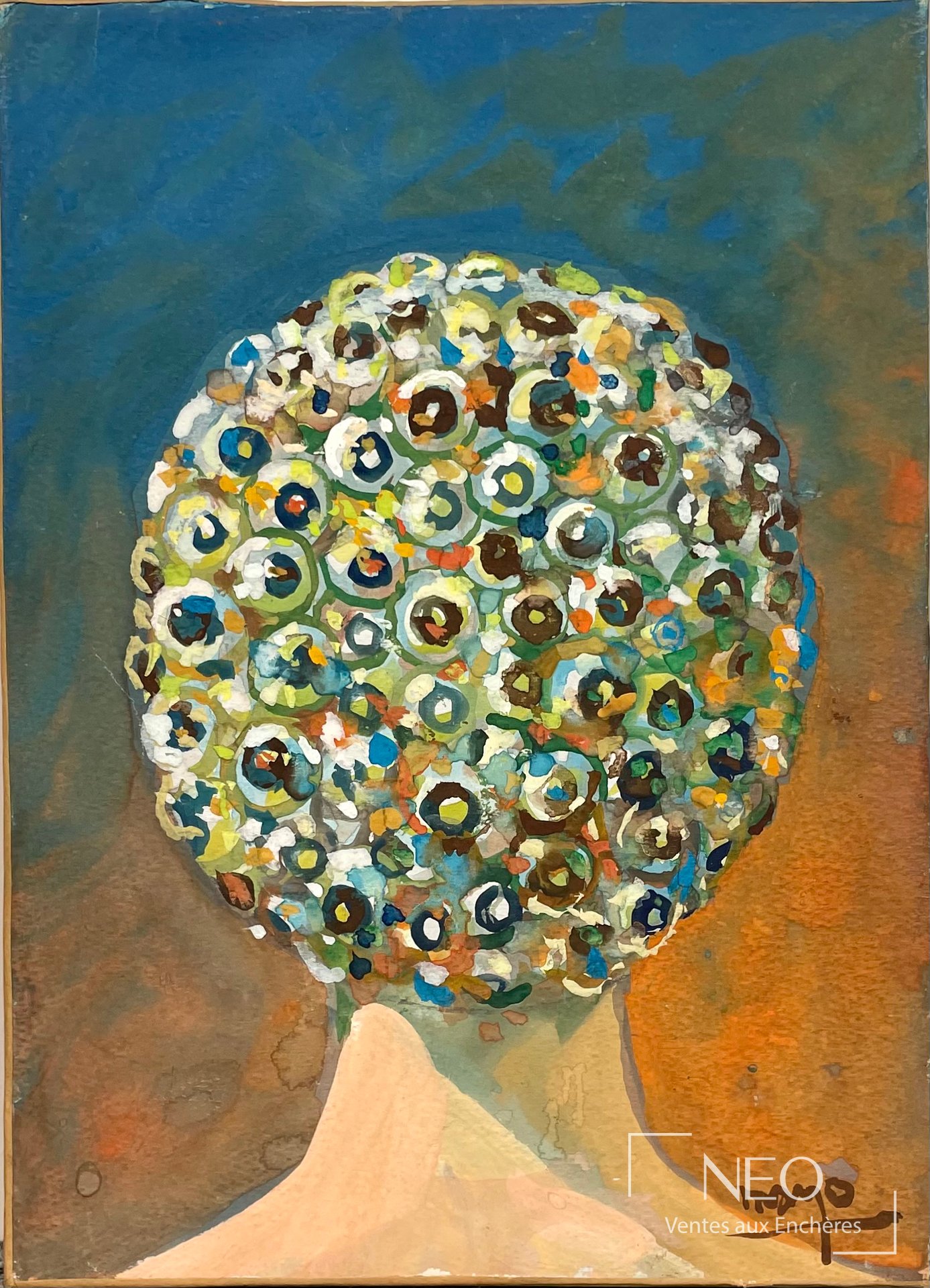 Composition colorée figurant une tête de profil couverte de motifs circulaires