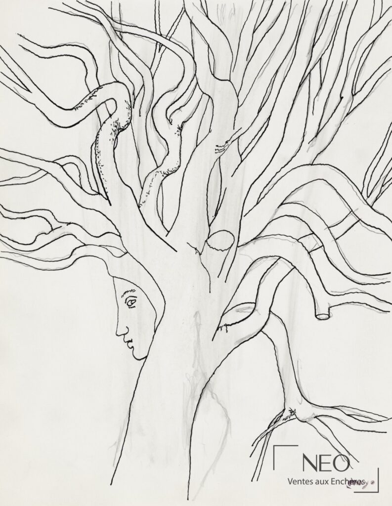 Dessin d’un arbre aux branches sinueuses avec un visage intégré au tronc