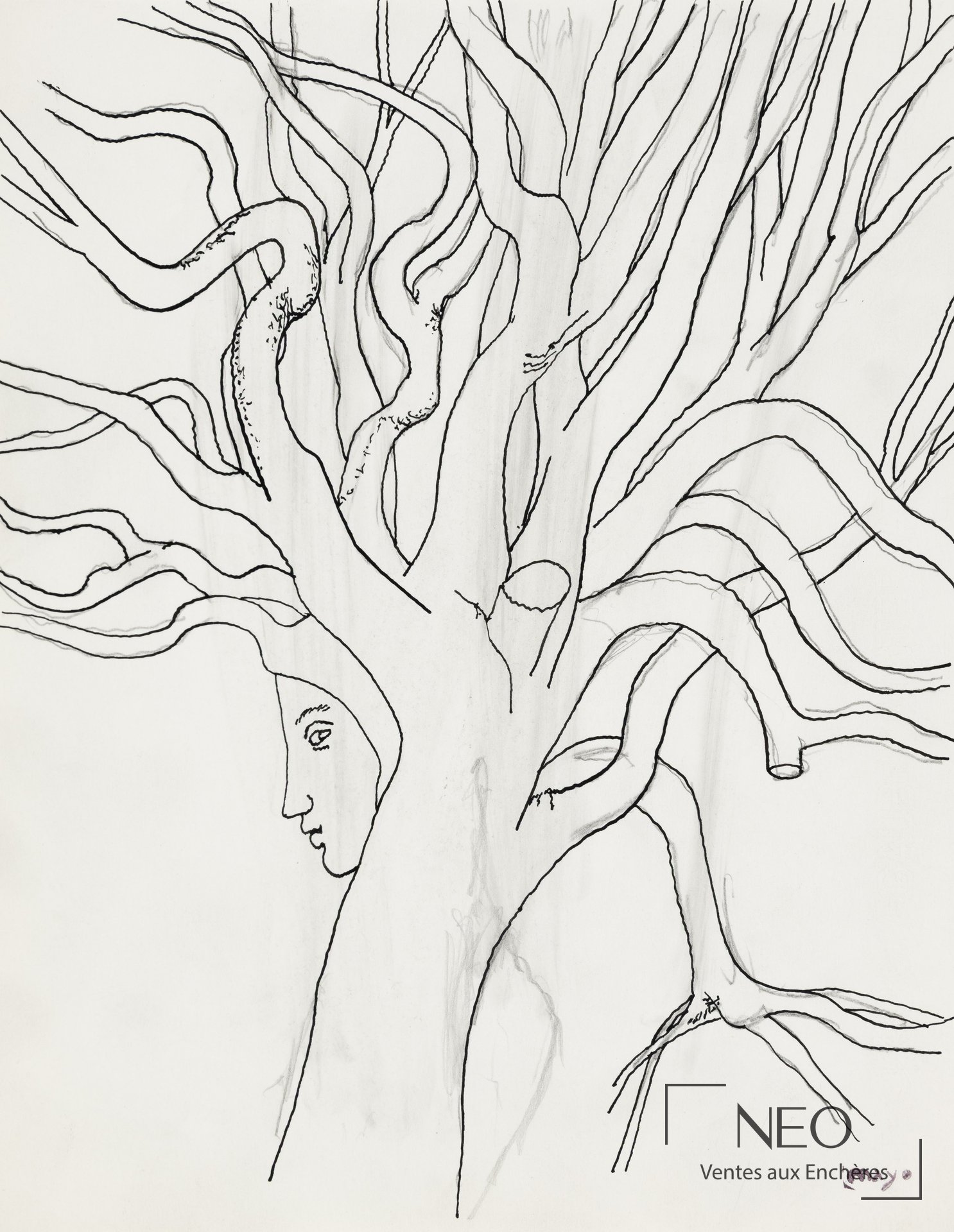 Dessin d’un arbre aux branches sinueuses avec un visage intégré au tronc