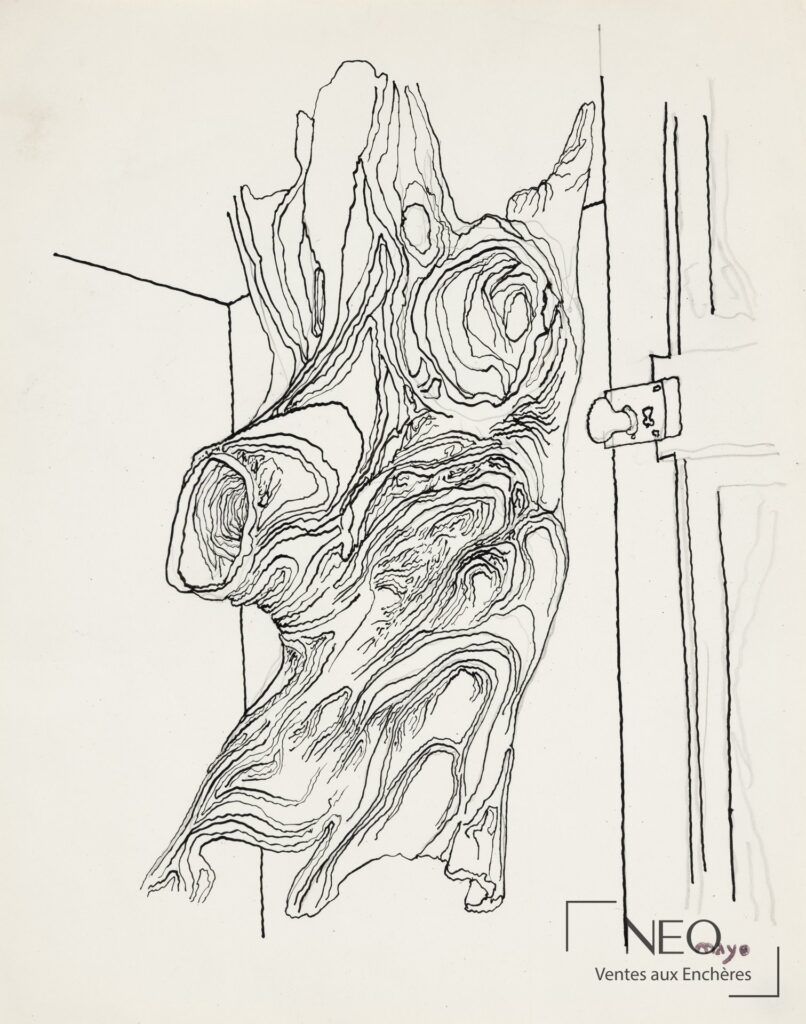 Dessin d'Antoine Mayo représentant une souche d'arbre et une porte sur papier