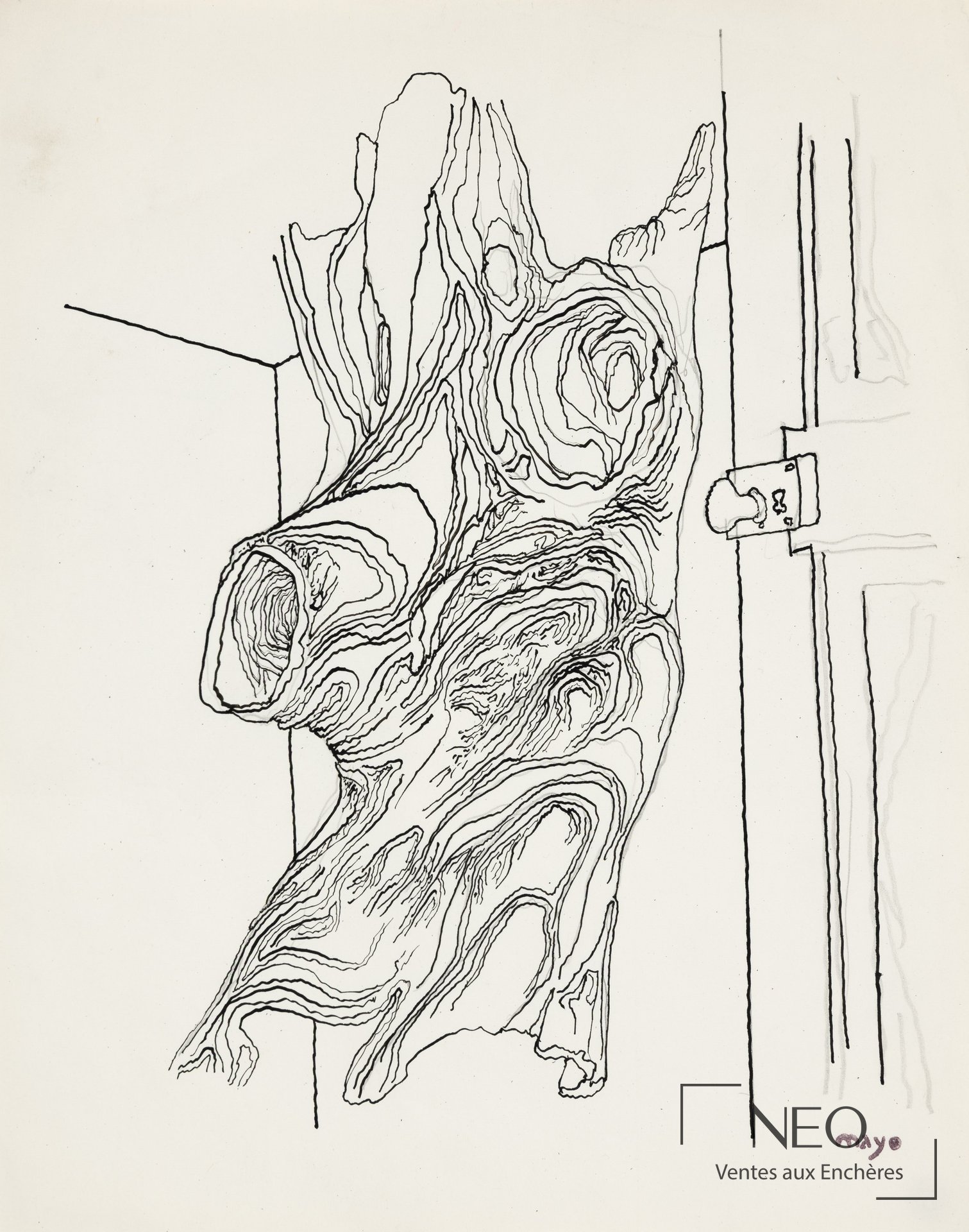 Dessin d'Antoine Mayo représentant une souche d'arbre et une porte sur papier